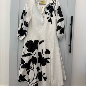 Maeve White Midi Dress with Black Floral Print